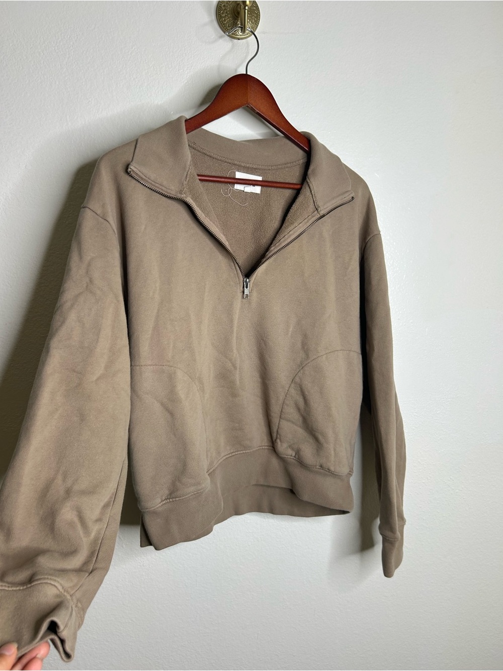MATE The Label 100% Organic Cotton Fleece Quarter Zip Sweatshirt in Mushroom - Picture 6 of 13